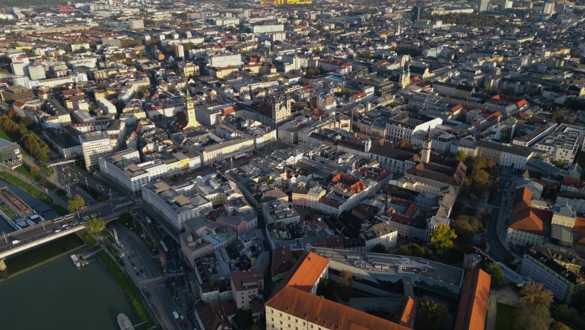 Aerial view of the city Linz in Austria on a sunny autumn afternoon