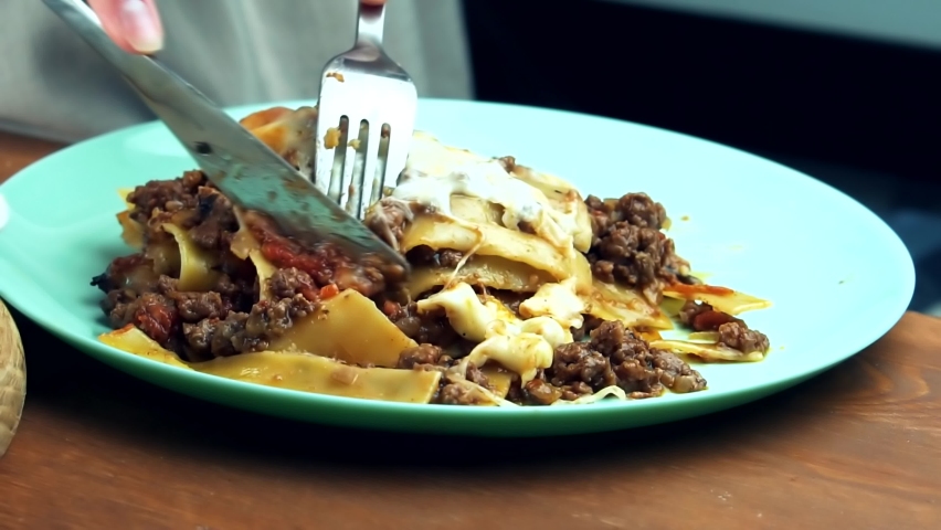 Lasagna With Cheese. Delicious Italian Food. Homemade Traditional Italian Lasagna With Bolognese And Bechamel Sauce And Mozzarella Cheese, Serving Hot Dishes. Appetizing Meat Lasagna Cooking At Home