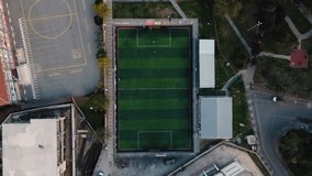 A bird's-eye view of the football field. Drone Video