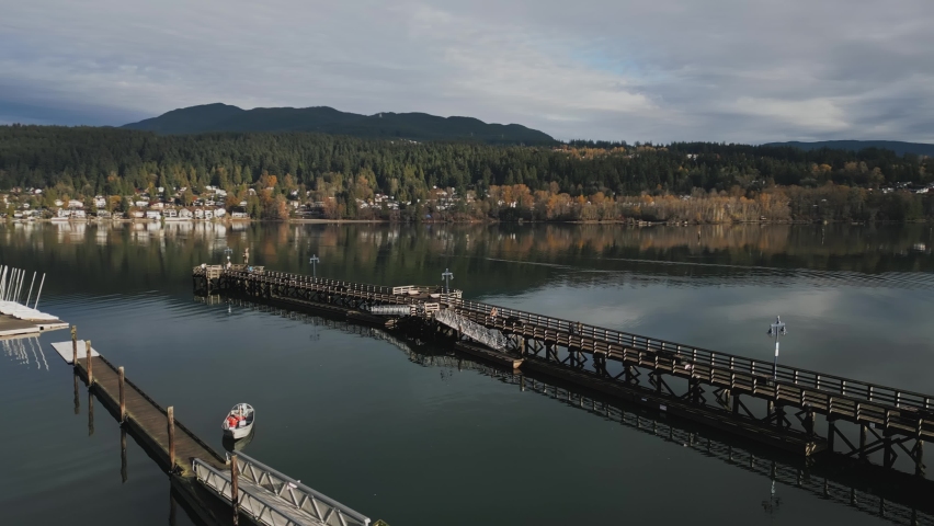 Panoramic Aerial Drone Flight Over Port Moody Pier in Autumn located in BC Canada. Shot with a DJI mini 3 Pro