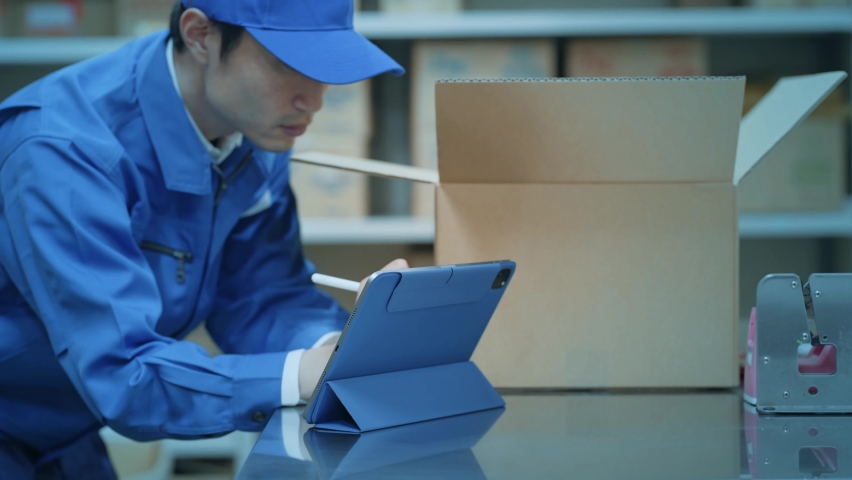 Worker using a tablet in a warehouse and communication network concept. IIoT. Industrial Internet of Things. Royalty-Free Stock Footage #1097273985