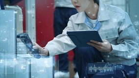 Workers who manages inventory with a barcode reader and technological interface concept. Digital transformation. IIoT. Industrial Internet of Things. - Powered by Shutterstock - Get 15% off with code: PIKWIZARD15