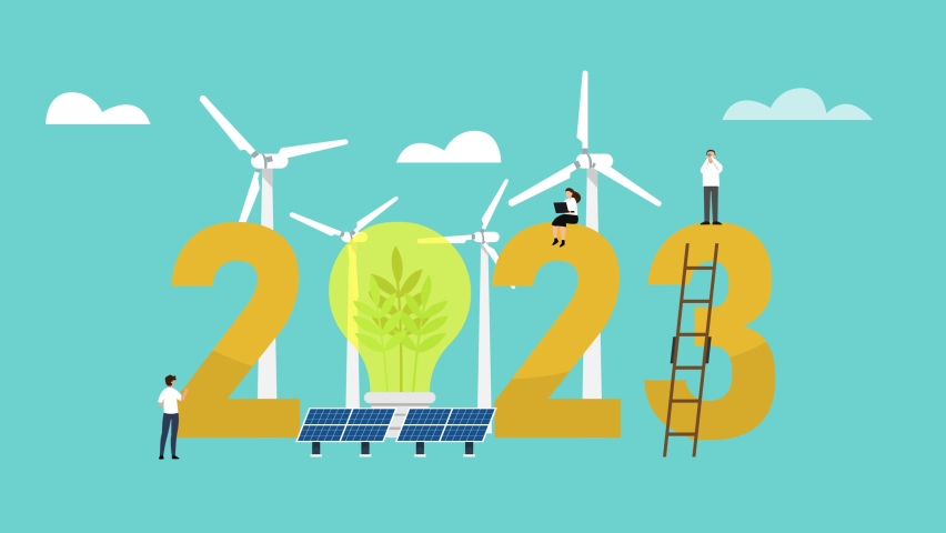 Three people animation using alternative energy while standing with 2023 number. Cartoon in 4k resolution | Shutterstock HD Video #1097276375