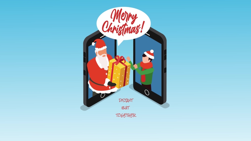 Santa claus animation giving a virtual Christmas gift to a little boy through mobile phone. Cartoon in 4k resolution | Shutterstock HD Video #1097276383