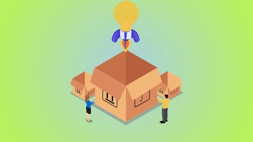 Two business people animation looking at light bulb flying out from the box. Cartoon in 4k resolution | Shutterstock HD Video #1097276385
