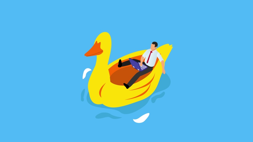 Businessman animation working with laptop while sitting on the duck boat. Cartoon in 4k resolution | Shutterstock HD Video #1097276399