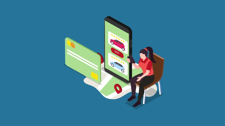 Young woman animation using a cellphone apps to rent a car while sitting on the chair near credit card. Cartoon in 4k resolution | Shutterstock HD Video #1097276411