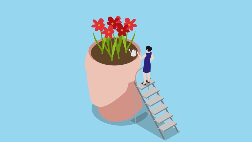 Young woman animation taking care flowers in the head while healing mind and soul. Cartoon in 4k resolution | Shutterstock HD Video #1097276423