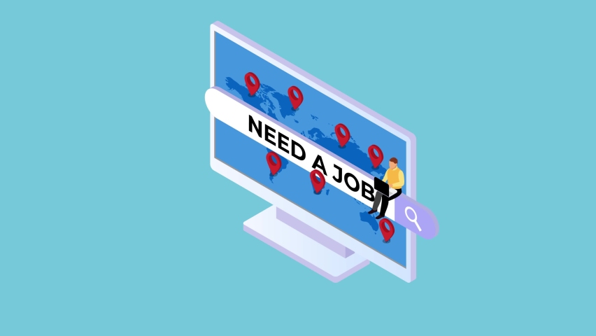 Young man animation using a laptop while sitting on search bar with text of need a job. Cartoon in 4k resolution | Shutterstock HD Video #1097276437