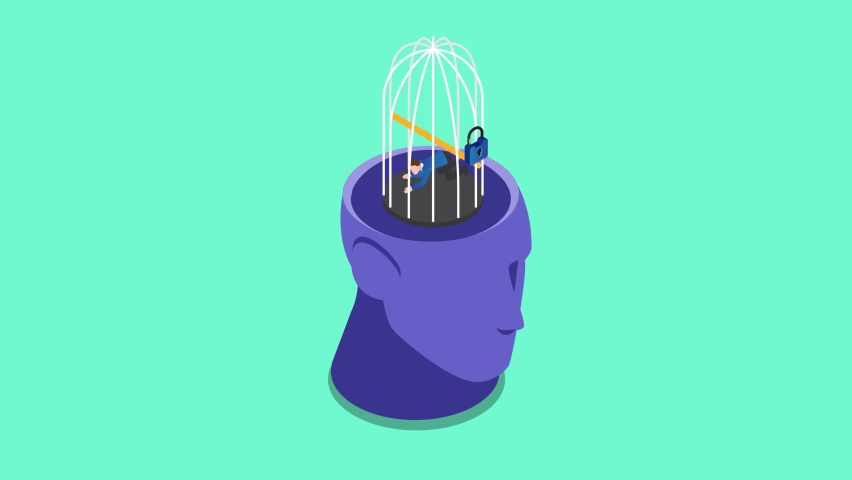 Young man animation looks sad while trapped inside a birdcage on the head. Cartoon in 4k resolution | Shutterstock HD Video #1097276457