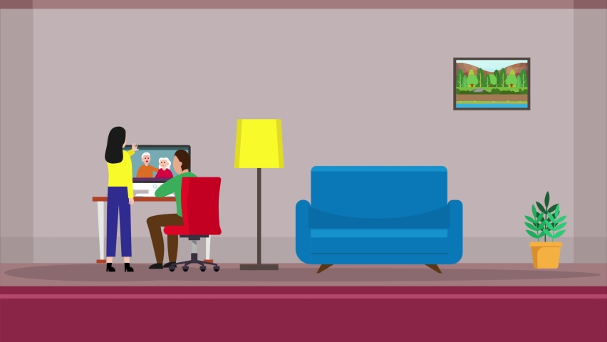 Young couple animation using a computer to making video call with their parents. Cartoon in 4k resolution | Shutterstock HD Video #1097276501