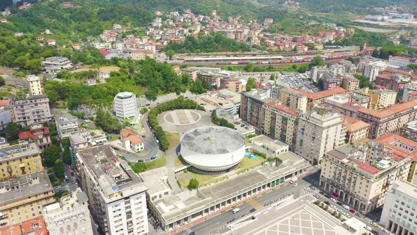 Inscription on video. La Spezia, Italy. Cathedral of Christ the King. City view. Glitch effect text, Aerial View, Point of interest