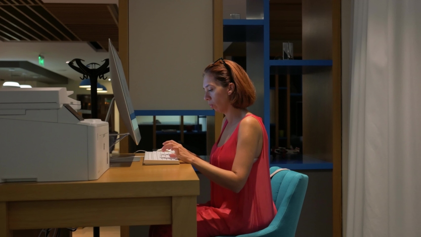 Caucasian woman typing text on computers keyboard at home. 4k footage UHD 3840x2160 | Shutterstock HD Video #1097278465