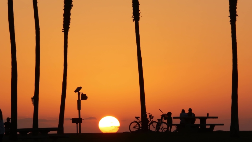Orange sky, silhouettes of palm trees on beach at sunset, California coast, USA. Bicycle or bike in beachfront park at sundown in San Diego, Mission beach vacations resort on shore. People walking.