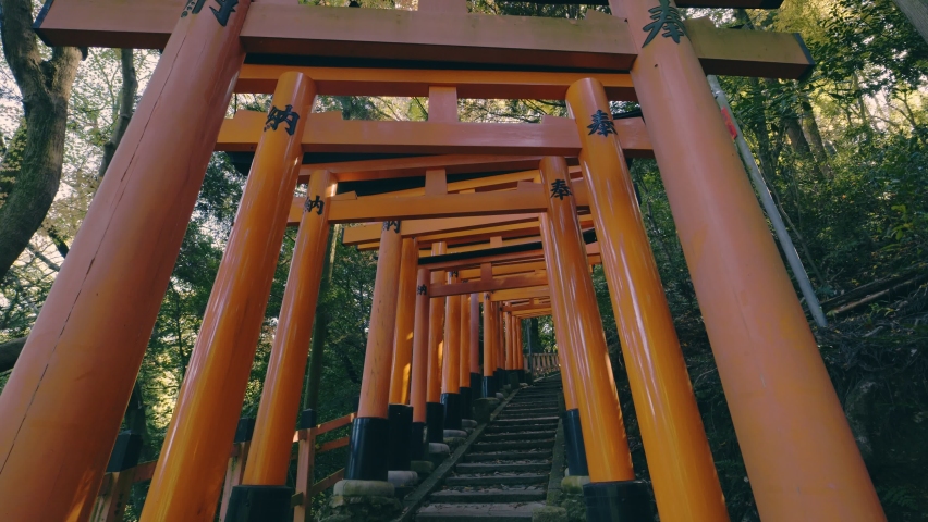 Dramatic view of walking in red gates "Torii", Fushimi Inari Shinto shrine in Kyoto in Japan, Travel or trip, Slow motion, Chinese character in this video means "dedication". Royalty-Free Stock Footage #1097285087