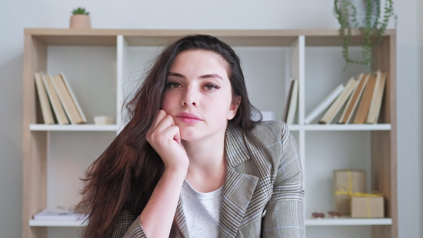 Work fatigue. Boring interview. Unproductive online conference. Exhausted drowsy sleepy business woman nodding listening in office interior. Long video shot. | Shutterstock HD Video #1097289771