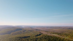 Large forest located on several small hills, which is covered with a warm light coming from the sun. Drone video. 4K.