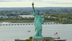 
Great Aerial Frontal View of Statue of Liberty in Liberty Island, New York City. United States. High Quality Footage Shot from Helicopter.
