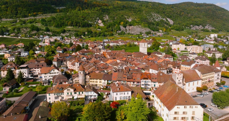 Aerial view of the town of La Neuveville on the shores of Lake Biel, Switzerland