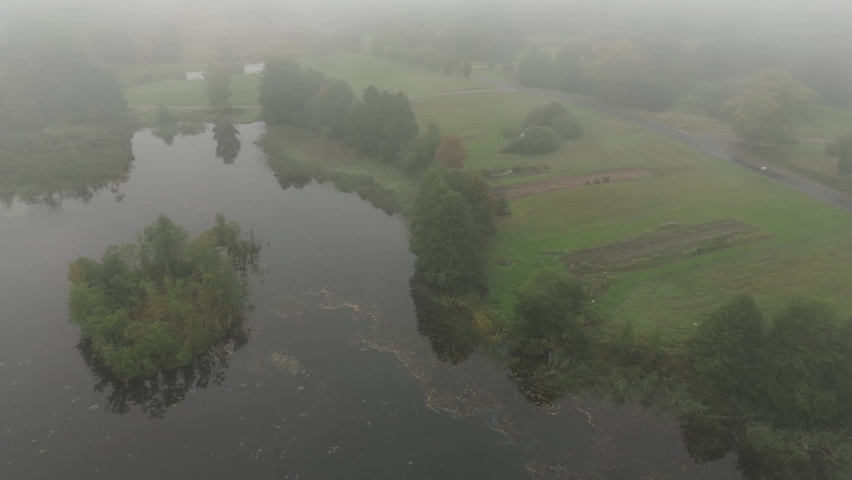 Fog morning over misty foggy landscape. Misty fog blowing over pine tree forest. Morning fog over lake, sunrise over misty lake. Calmness, relaxation, autumn fog landscape