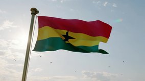 Flag of Ghana waving in the wind, sky and sun background. Ghana Flag Video. Realistic Animation, 4K UHD 25 FPS. 3D Animation