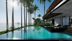 4K video rendering of modern cozy house with parking and pool for sale or rent with wood plank facade by the sea or ocean. Sunny day by the coast with palm and flowers in tropical island Fly-walk