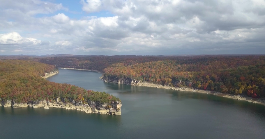 Aerial dolly shot of the stunning autumnal woodlands in West Virginia