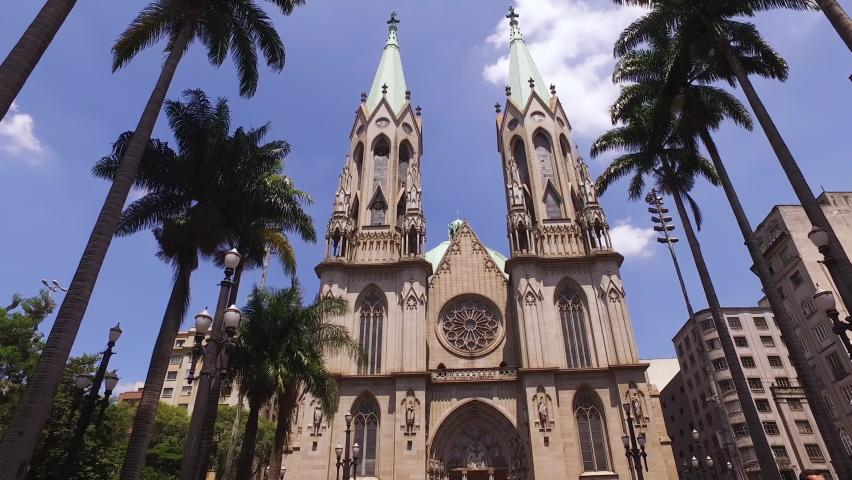 São Paulo Cathedral, Brazil, Cinematic Approaching to Landmark, Exterior and Facade