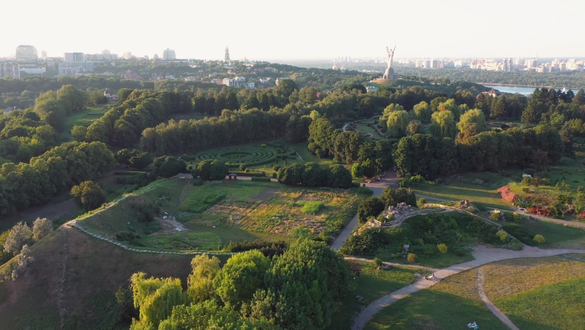 Aerial view landcape of botanical summer garden. City scape view.