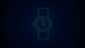 Glowing neon line Wrist watch icon isolated on black background. Wristwatch icon. 4K Video motion graphic animation.