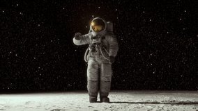 Astronaut waving on the surface of the moon. CGI animation. Stylized cinematic look and feel. 4K video. Elements furnished by NASA.