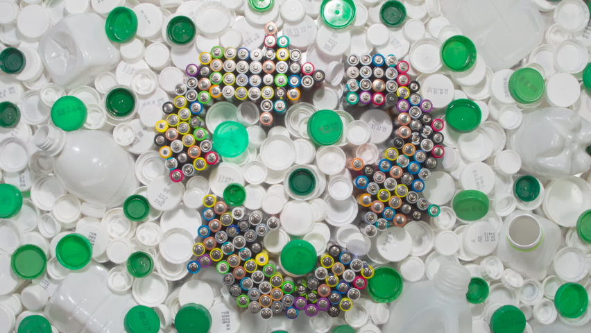 White and Green Plastic for Recycling. HD Loop. The recycling symbol is made up of old AA batteries. It rotates slowly among white and green plastic caps and white bottles | Shutterstock HD Video #1097306221
