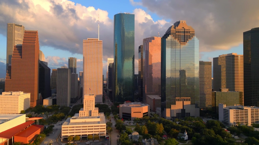 Skyline of Houston Texas at sunset - aerial view