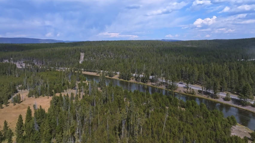 Aerial view of the Yellowstone National Park. Madison River viewpoint, west gate , Wyoming, USA