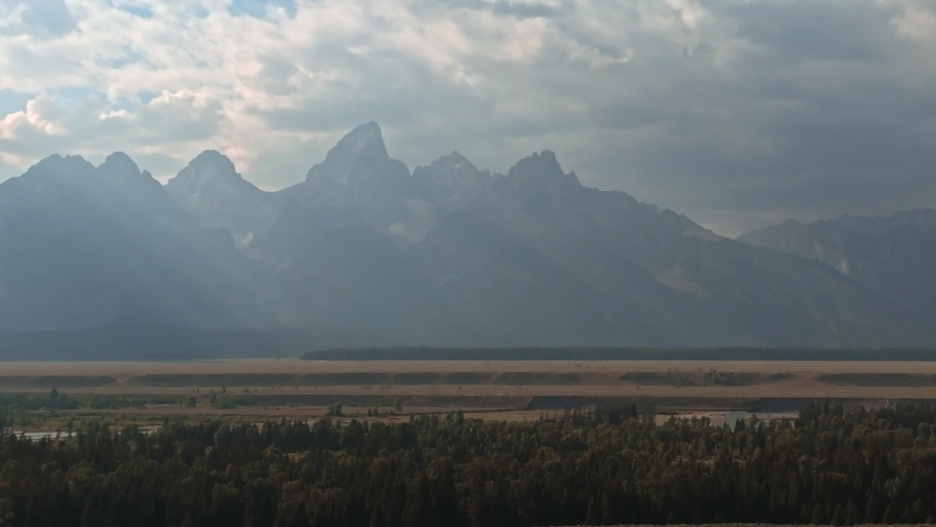 Aerial view of the Mount Moran in Grand Teton National Park from oxbow bend