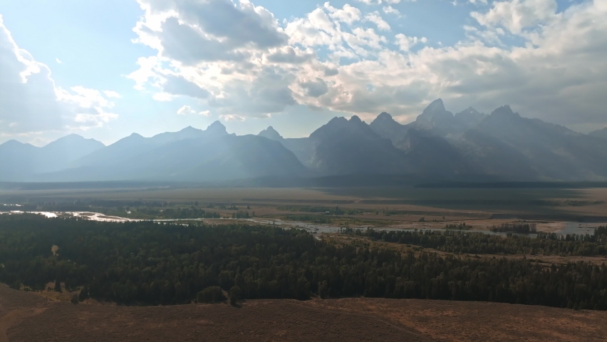Aerial view of the Mount Moran in Grand Teton National Park from oxbow bend
