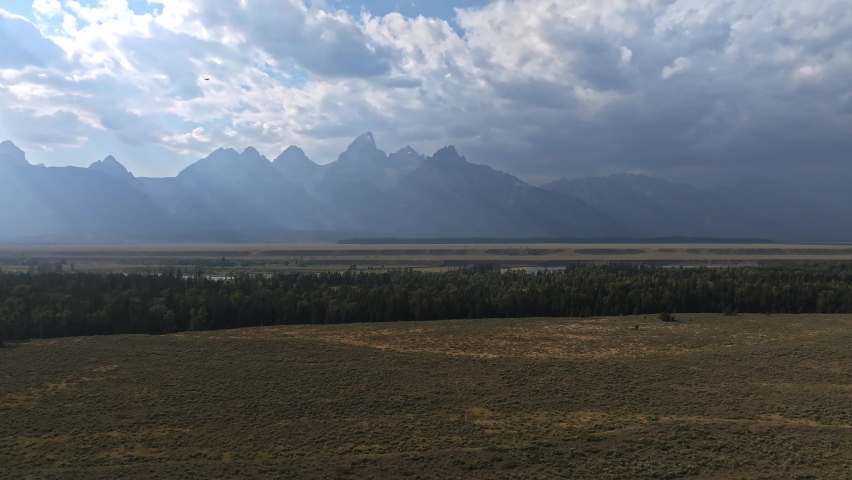 Aerial view of the Mount Moran in Grand Teton National Park from oxbow bend