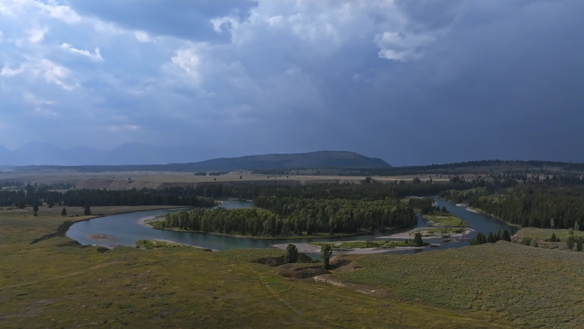 Aerial view of the Mount Moran in Grand Teton National Park from oxbow bend