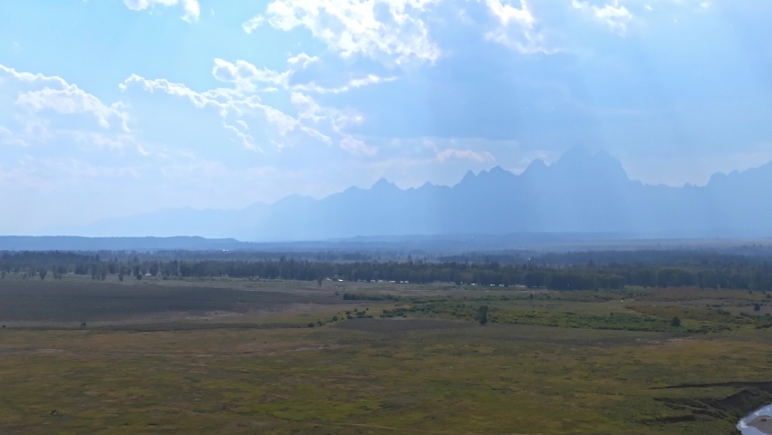 Aerial view of the Mount Moran in Grand Teton National Park from oxbow bend