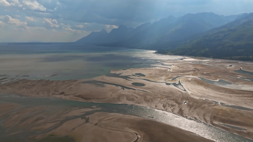 Aerial view of the Mount Moran in Grand Teton National Park from oxbow bend