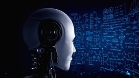hominoid AI robot looking at hologram screen in concept of math calculation and scientific equation analytic using artificial intelligence by machine learning process. 3D rendering. - Powered by Shutterstock - Get 15% off with code: PIKWIZARD15
