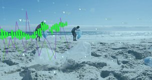 Animation of statistics and financial data processing over volunteers cleaning beach. Global environment, sustainability, business, finance and data processing concept digitally generated video.