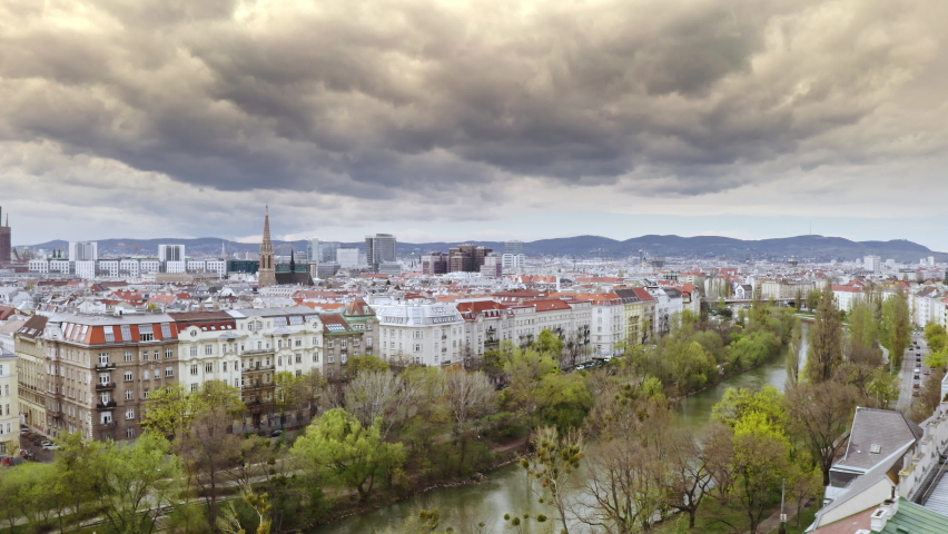 Panorama aerial view famous european capital city Vienna in Austria tourism traveling place go everywhere townscape historical beautiful metropolis catholic church christianity buildings architecture
