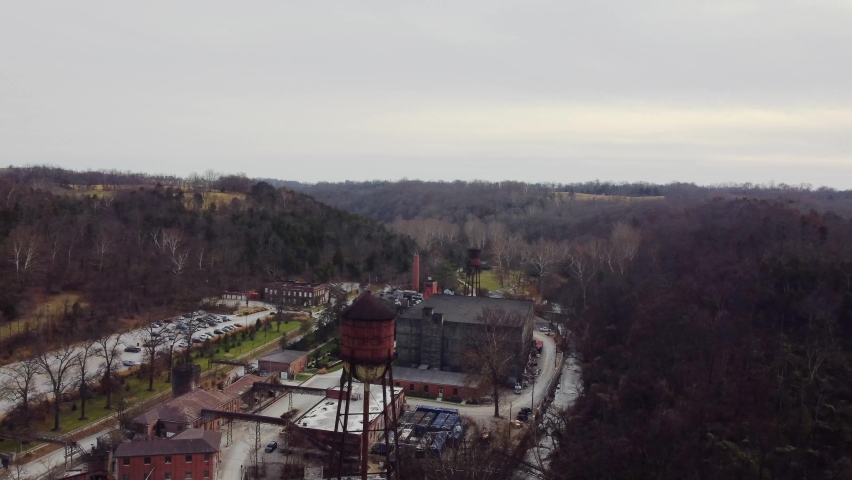 Circling around bourbon distillery close to Frankfort, Kentucky during early winter day
