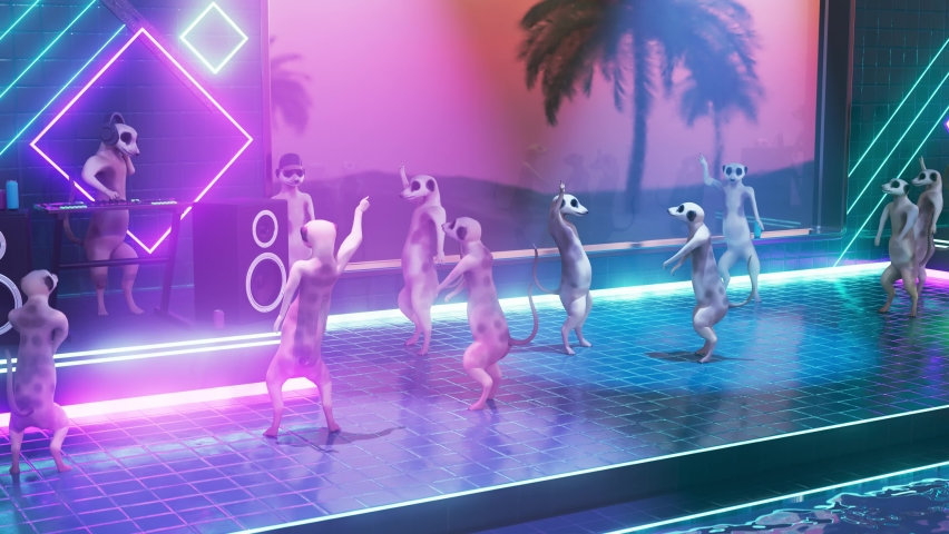 loop animation meerkat dance, vaporwave synthwave, disco club palm tree, DJ playing neon light. 3D animation Royalty-Free Stock Footage #1097314983