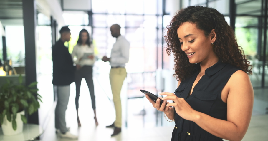 Business woman, phone and portrait smile for connectivity, wifi or communication for online networking at the office. Happy female employee smiling in Brazil and browsing on smartphone at workplace | Shutterstock HD Video #1097324767