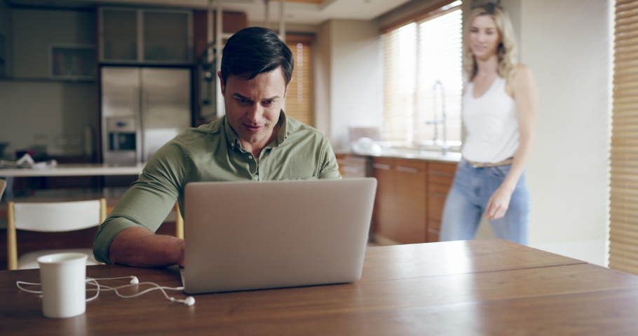 Couple, laptop and online banking, hug and ecommerce shopping, social media or funny internet post in home. Man, woman and pc technology, happy smile and internet with happiness together in house | Shutterstock HD Video #1097325007