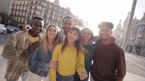 Travel with happy friends. Young smiling people looking at camera hugging. Group of multicultural boys and girls having fun outdoors celebrating vacations Erasmus together in Europe. Modern lifestyle. - Powered by Shutterstock - Get 15% off with code: PIKWIZARD15