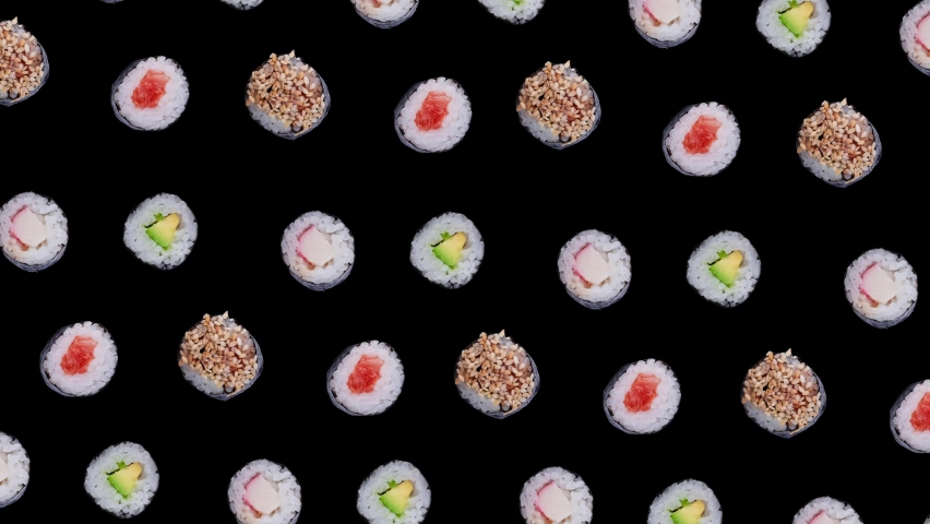 trendy food animation or background of rotation sushi maki rolls on black background Royalty-Free Stock Footage #1097328581
