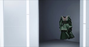 3D fashion show: virtual model walking by the podum. Fashionable green dress. 3D Rendering. . 3D Illustration